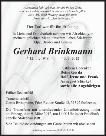 Anzeige von Gerhard Brinkmann von Mindener Tageblatt