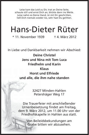 Anzeige von Hans-Dieter Rüter von Mindener Tageblatt