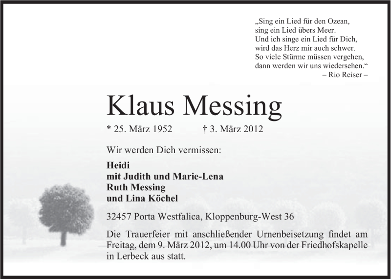  Traueranzeige für Klaus Messing vom 06.03.2012 aus Mindener Tageblatt