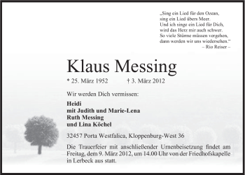 Anzeige von Klaus Messing von Mindener Tageblatt
