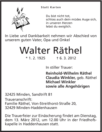 Anzeige von Walter Räthel von Mindener Tageblatt