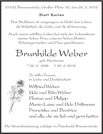 Anzeige von Brunhilde Weber von Mindener Tageblatt