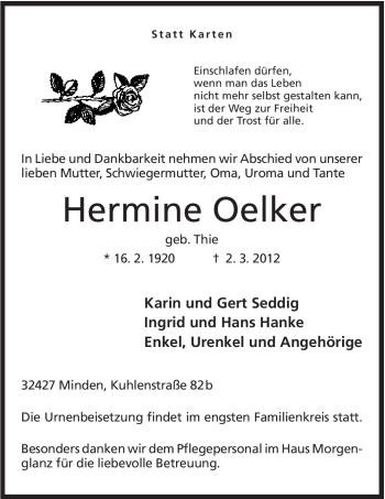 Anzeige von Hermine Oelker von Mindener Tageblatt
