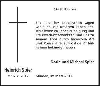 Anzeige von Heinrich Spier von Mindener Tageblatt