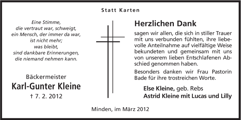  Traueranzeige für Karl-Gunter Kleine vom 10.03.2012 aus Mindener Tageblatt