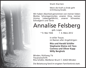 Anzeige von Annalise Felsberg von Mindener Tageblatt