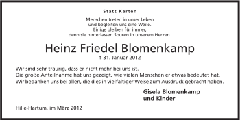Anzeige von Heinz Friedel Blomenkamp von Mindener Tageblatt