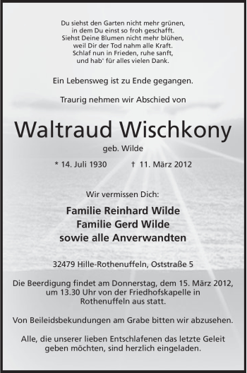 Anzeige von Waltraud Wischkony von Mindener Tageblatt