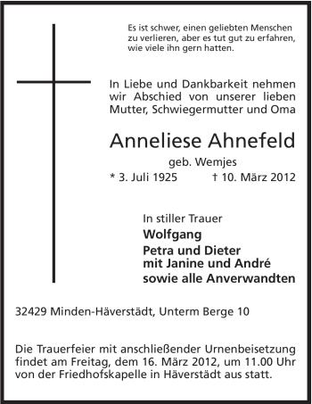 Anzeige von Anneliese Ahnefeld von Mindener Tageblatt