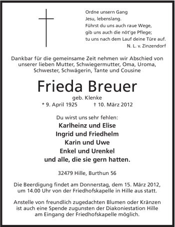 Anzeige von Frieda Breuer von Mindener Tageblatt