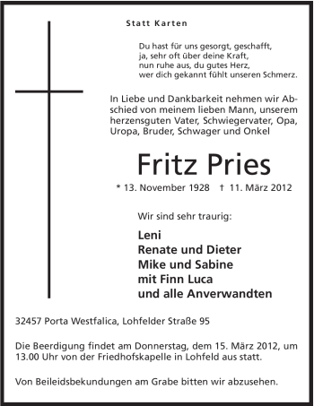 Anzeige von Fritz Pries von Mindener Tageblatt