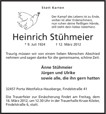 Anzeige von Heinrich Stühmeier von Mindener Tageblatt