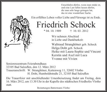Anzeige von Friedrich Schock von Mindener Tageblatt
