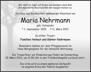 Anzeige von Maria Nehrmann von Mindener Tageblatt