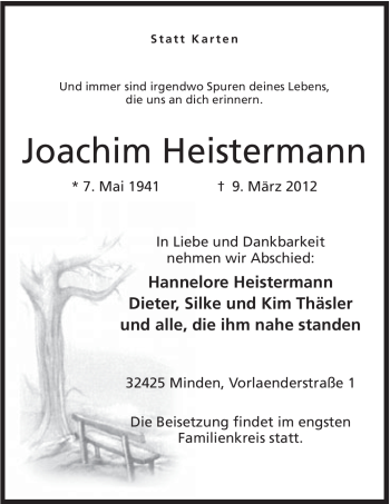 Anzeige von Joachim Heistermann von Mindener Tageblatt