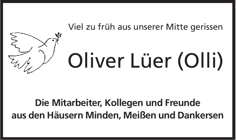  Traueranzeige für Oliver Lüer vom 14.03.2012 aus Mindener Tageblatt