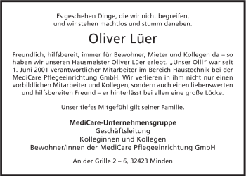 Anzeige von Oliver Lüer von Mindener Tageblatt