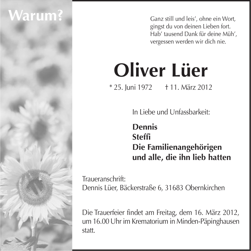  Traueranzeige für Oliver Lüer vom 14.03.2012 aus Mindener Tageblatt