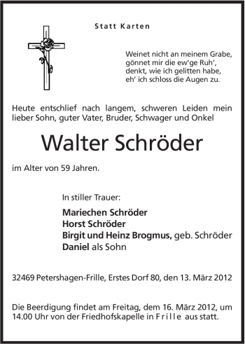 Anzeige von Walter Schröder von Mindener Tageblatt