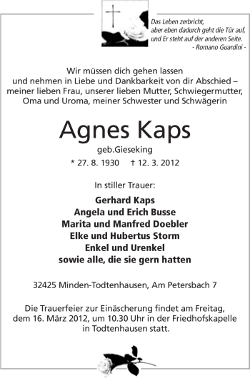 Anzeige von Agnes Kaps von Mindener Tageblatt