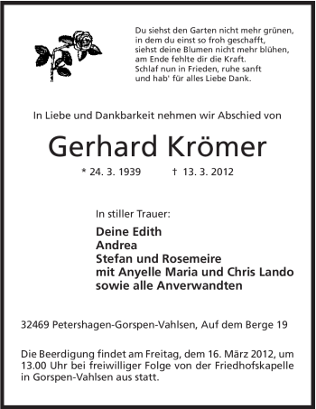 Anzeige von Gerhard Krömer von Mindener Tageblatt