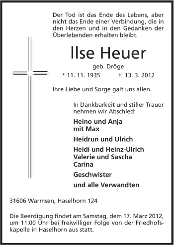 Anzeige von Ilse Heuer von Mindener Tageblatt