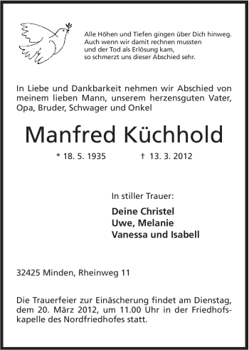 Anzeige von Manfred Küchhold von Mindener Tageblatt