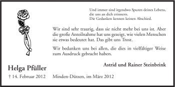 Anzeige von Helga Pfüller von Mindener Tageblatt