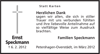 Anzeige von Ernst Speckmann von Mindener Tageblatt