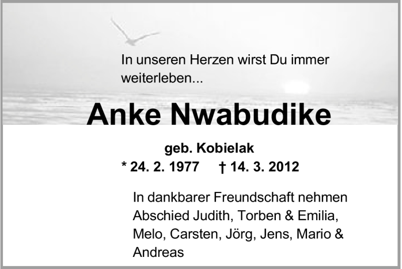  Traueranzeige für Anke Nwabudike vom 17.03.2012 aus Mindener Tageblatt