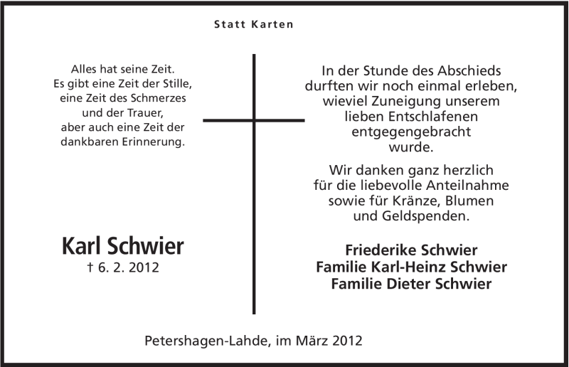  Traueranzeige für Karl Schwier vom 17.03.2012 aus Mindener Tageblatt