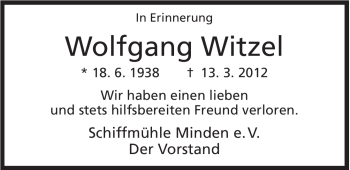 Anzeige von Wolfgang Witzel von Mindener Tageblatt