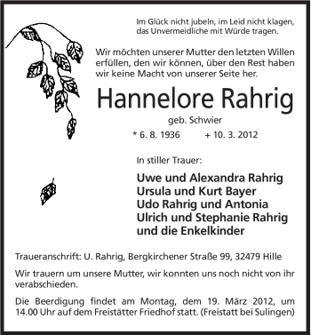 Anzeige von Hannelore Rahrig von Mindener Tageblatt