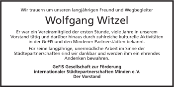 Anzeige von Wolfgang Witzel von Mindener Tageblatt
