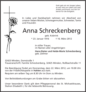 Anzeige von Anna Schreckenberg von Mindener Tageblatt