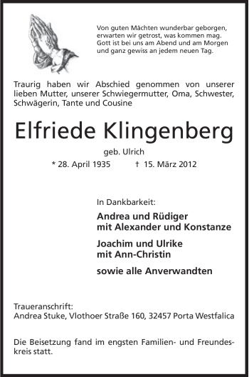 Anzeige von Elfriede Klingenberg von Mindener Tageblatt