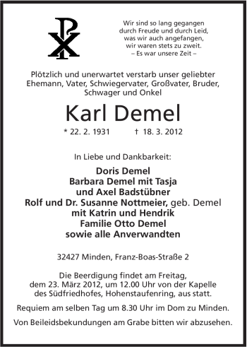 Anzeige von Karl Demel von Mindener Tageblatt