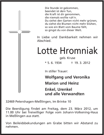 Anzeige von Lotte Hromniak von Mindener Tageblatt