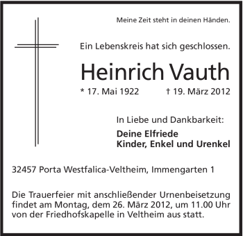 Anzeige von Heinrich Vauth von Mindener Tageblatt