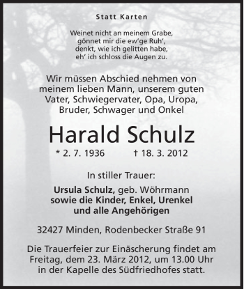 Anzeige von Harald Schulz von Mindener Tageblatt