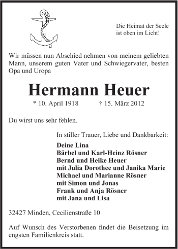 Anzeige von Hermann Heuer von Mindener Tageblatt