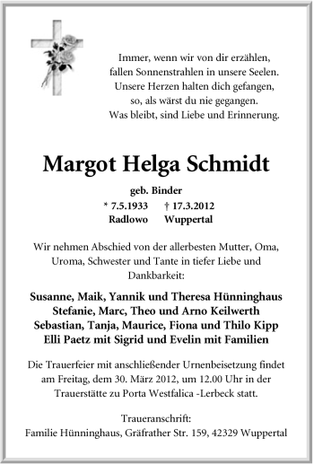 Anzeige von Margot Helga Schmidt von Mindener Tageblatt