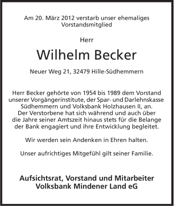 Anzeige von Wilhelm Becker von Mindener Tageblatt