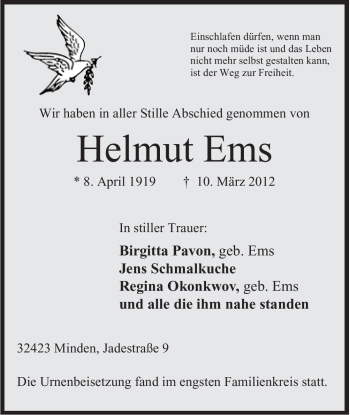 Anzeige von Helmut Ems von Mindener Tageblatt