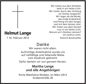 Anzeige von Helmut Lange von Mindener Tageblatt
