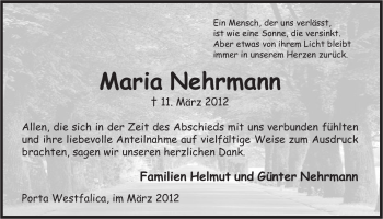 Anzeige von Maria Nehrmann von Mindener Tageblatt