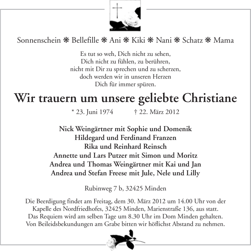  Traueranzeige für Christiane Weingärtner vom 27.03.2012 aus Mindener Tageblatt