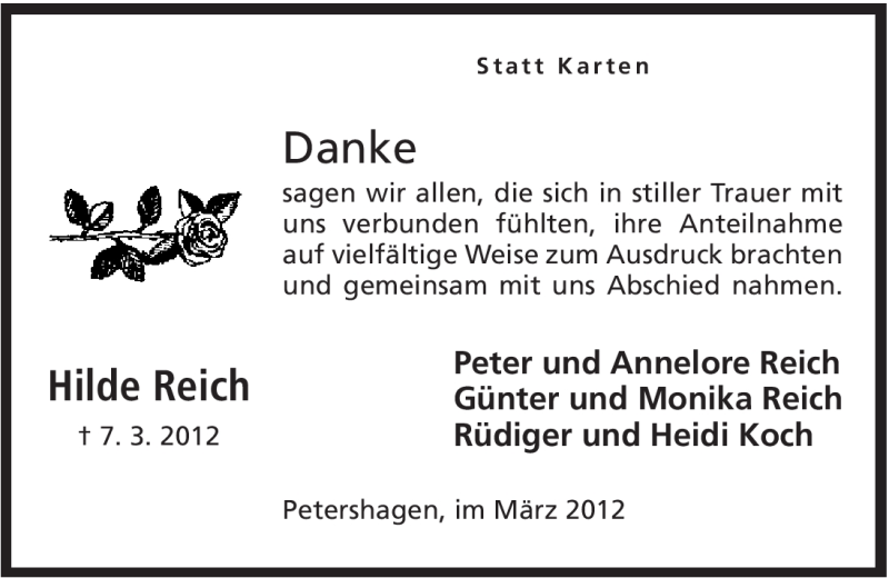  Traueranzeige für Hilde Reich vom 31.03.2012 aus Mindener Tageblatt