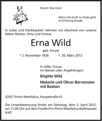 Anzeige von Erna Wild von Mindener Tageblatt