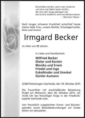 Anzeige von Irmgard Becker von Mindener Tageblatt